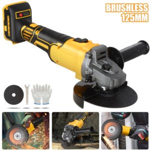 Brushless 125mm angle grinder in yellow and black, with a cutting disk, wrench, gloves, and shown in various metalworking applications.