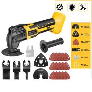 Yellow and black cordless oscillating multi-tool kit with segment and straight saw blades, sanding pad, and sanding papers