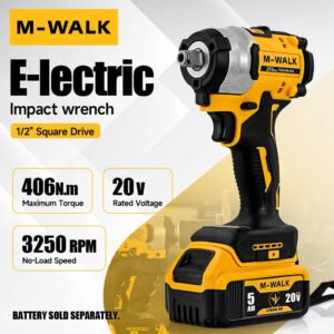 A yellow and black M-WALK electric impact wrench with a 20V lithium-ion battery attached.