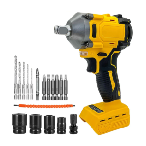 Yellow and black cordless impact wrench with various drill bits, screwdriver bits, flexible extension, and impact sockets.