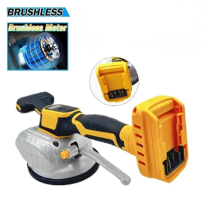 Yellow and black vibrating tile suction cup machine with a brushless motor diagram and battery port visible