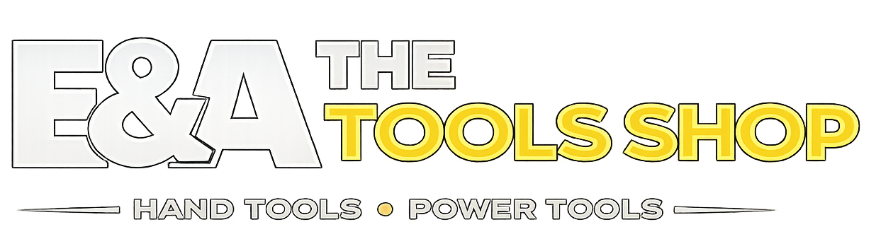 Baltas ir geltonas tekstas juodame fone: E & A THE TOOLS SHOP,