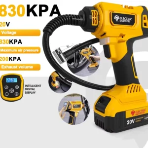 Yellow and black portable tire inflator with intelligent digital display and a hose for inflating tires.