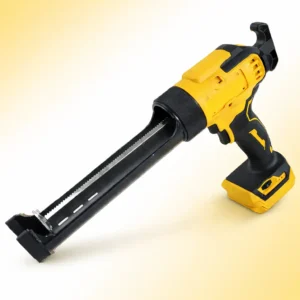 Yellow and black cordless caulk gun for sealant application, featuring a battery pack at the base.
