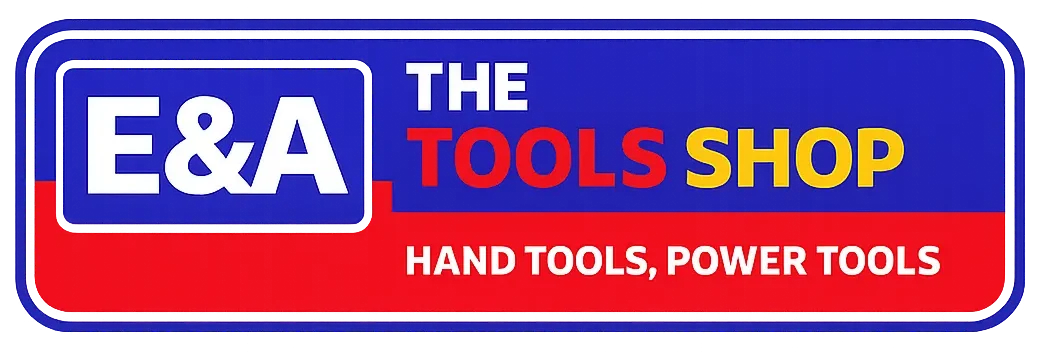 Mėlynos ir raudonos spalvos stačiakampė iškaba su užrašais 'E&A', 'THE TOOLS SHOP'