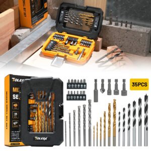 Assorted drill bit set with gold and silver metal bits in an open orange and black storage case.