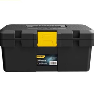 Black plastic toolbox with a yellow latch and a textured lid, ideal for tools and small parts storage.