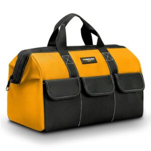 Yellow and black WINHUNT tool bag with a top zipper closure and three front pockets, displayed on a white background.