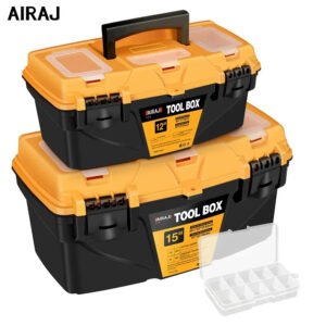 Two black and yellow AIRAJ tool boxes, 12-inch and 15-inch, stacked with a clear parts organizer on the side.