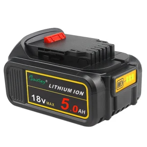 Black Waitley Lithium Ion 18V MAX 5.0Ah battery pack with a red release button and a green charge indicator.